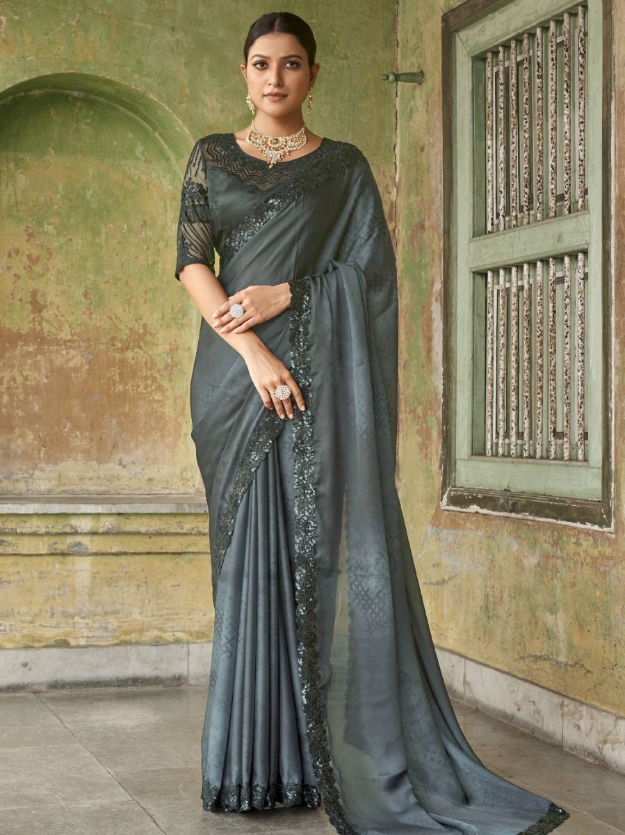  Wonderful Black Embroidered Satin Party Wear Saree With Blouse
