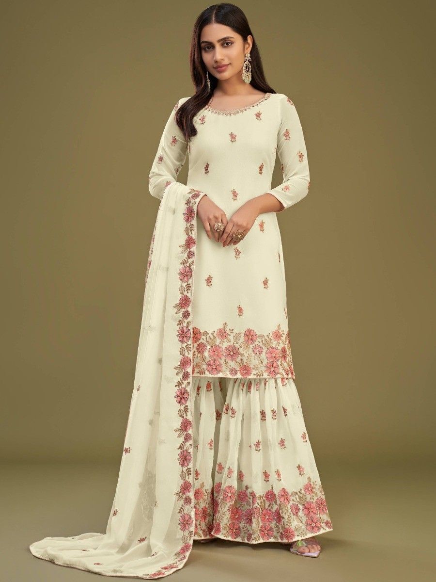 Amusing Pink Net Embroidered Sharara Suit Online -Inddus.in