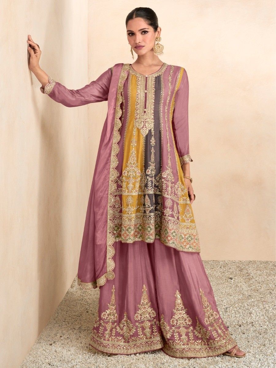 Faux georgette Peach Pakistani Palazzo Suit in Embroidered - PZ3159