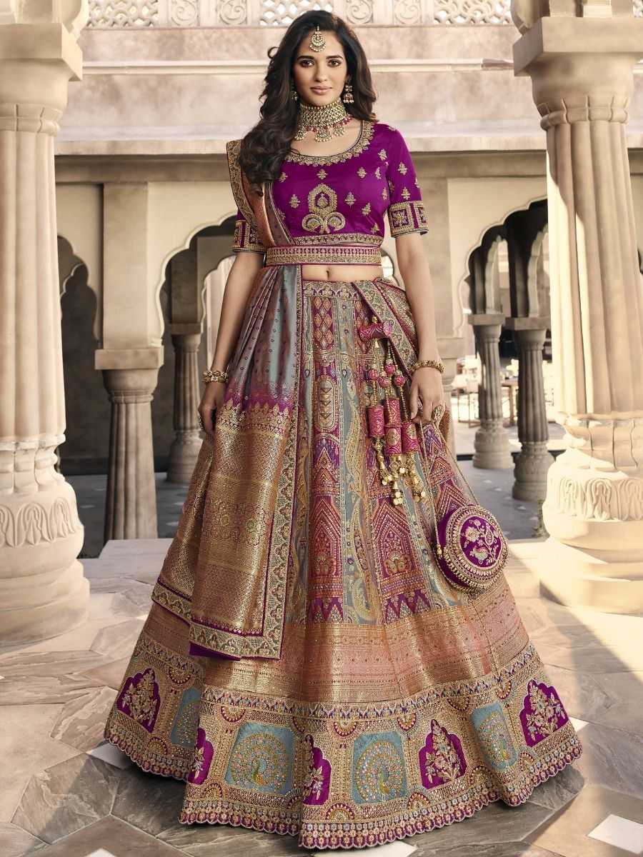 Buy Elegant Purple Embroidered Banarasi Silk Wedding Lehenga Choli ...