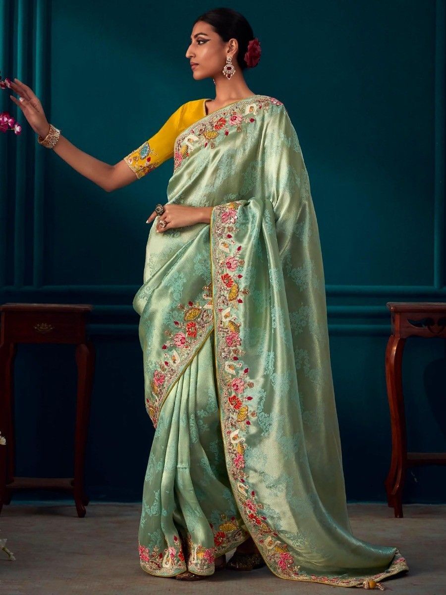 Top 6 Latest Fashion Sari of Net New Net saree in Butterfly Design Women's  Aqua Blue