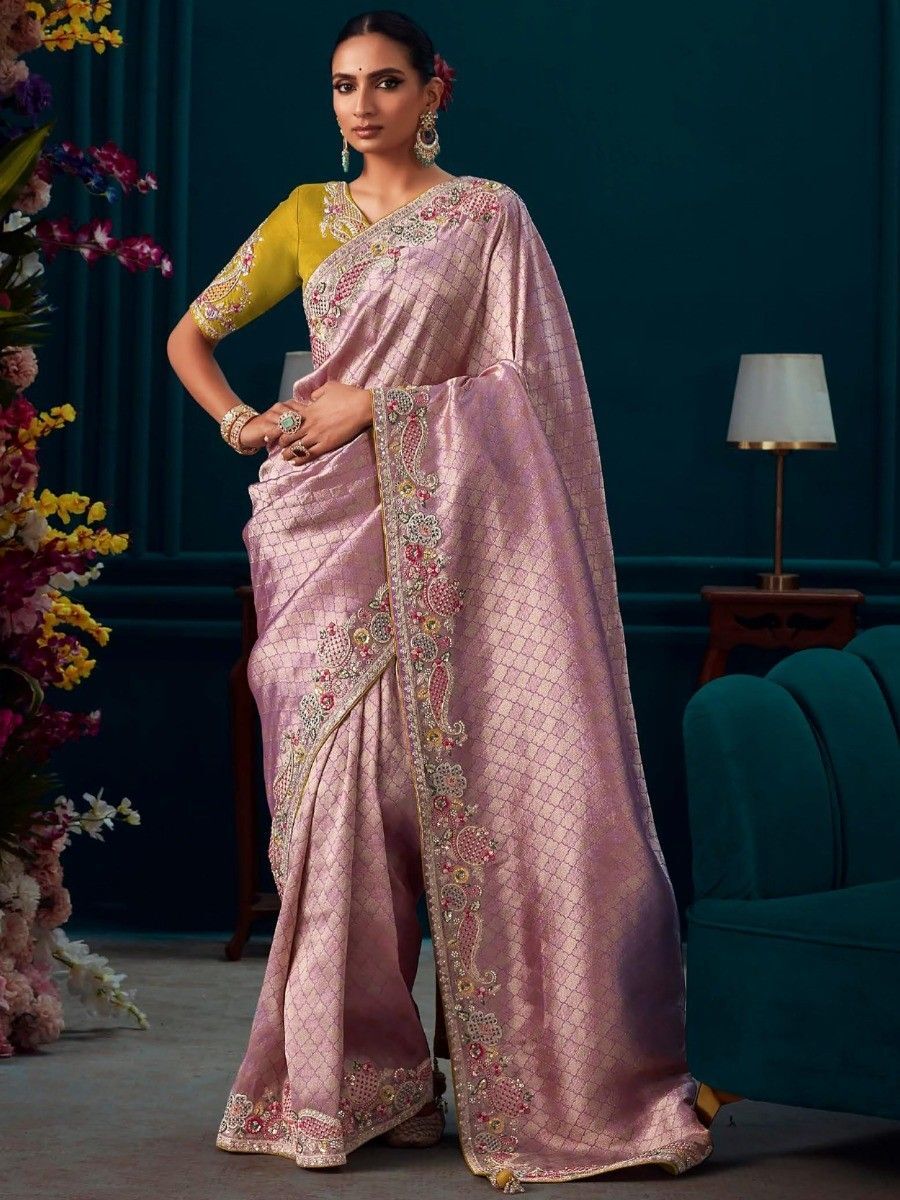Light Purple Handloom Banarasi Georgette Saree with Silver Zari Work –  WeaverStory