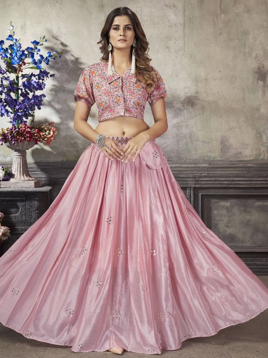 Buy Graceful Pink Sequins Work Silk Ready-Made Crop Top Lehenga At ...