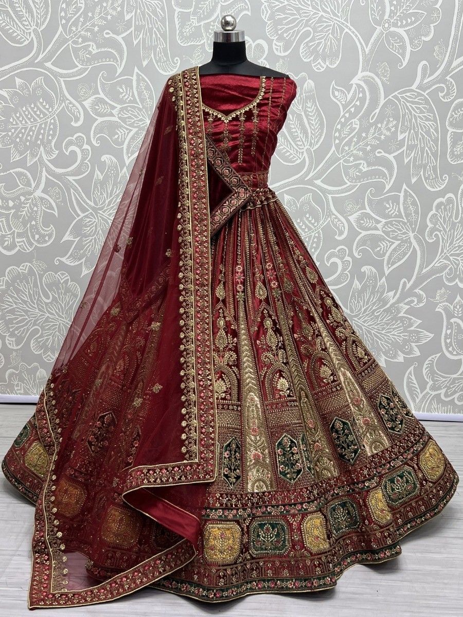 Buy Maroon Embroidered Velvet Bridal Lehenga Choli With Double Dupatta  Online At Zeel Clothing