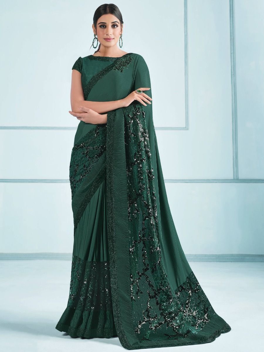 Buy Beautiful Green Embroidery Lycra Cocktail Party Wear Saree ...