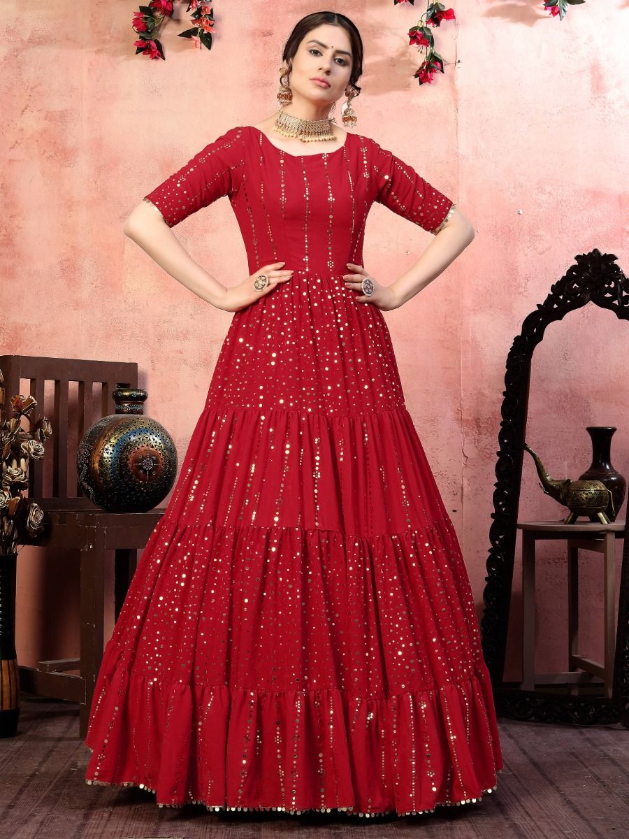 Latest Designer Party Wear Red Color Digital Patola Print Soft Dola Silk  Gown – Fashionfy