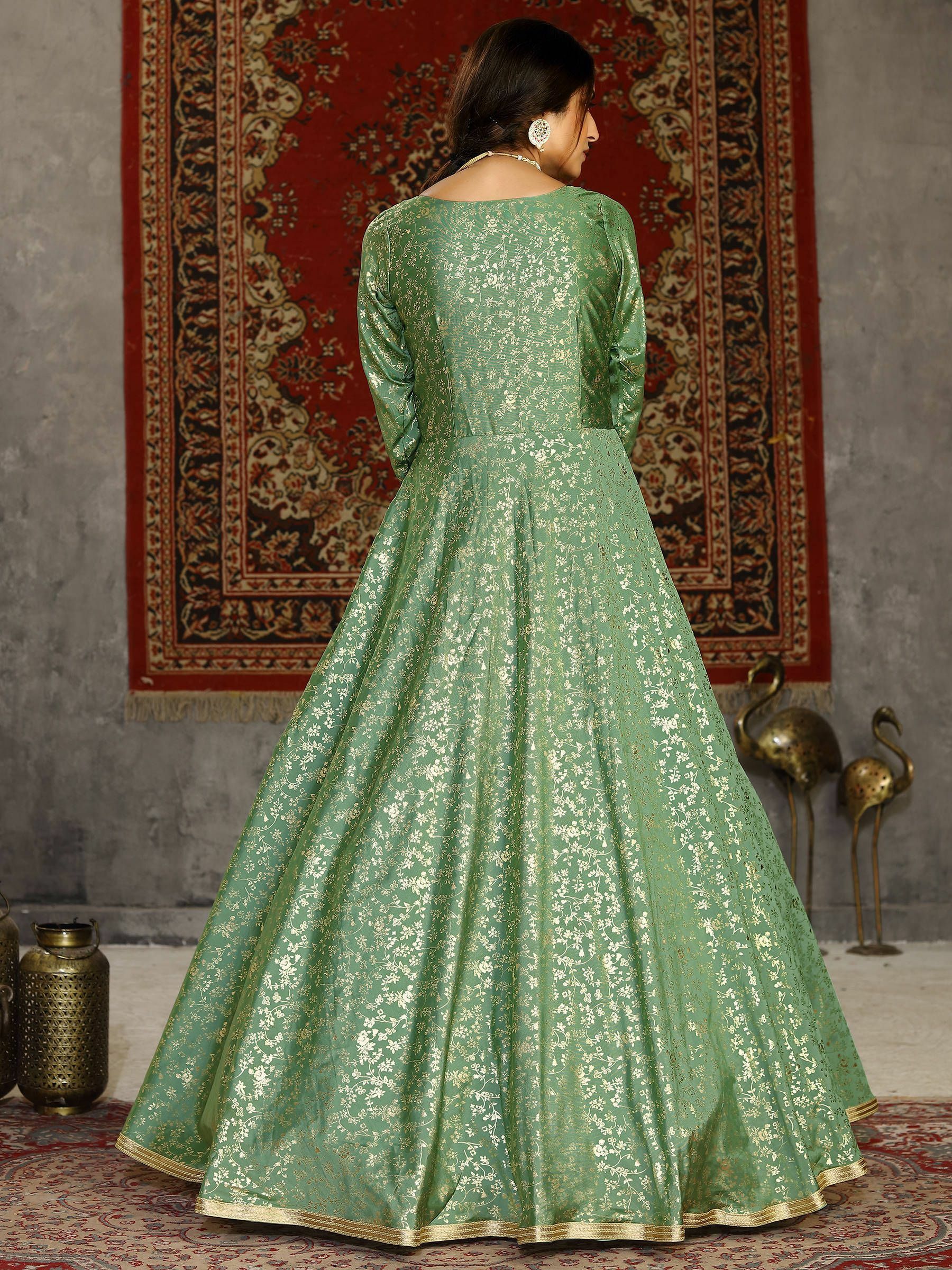 Buy Pista green Embroidery Work Dola Silk Gown With Dupatta Online