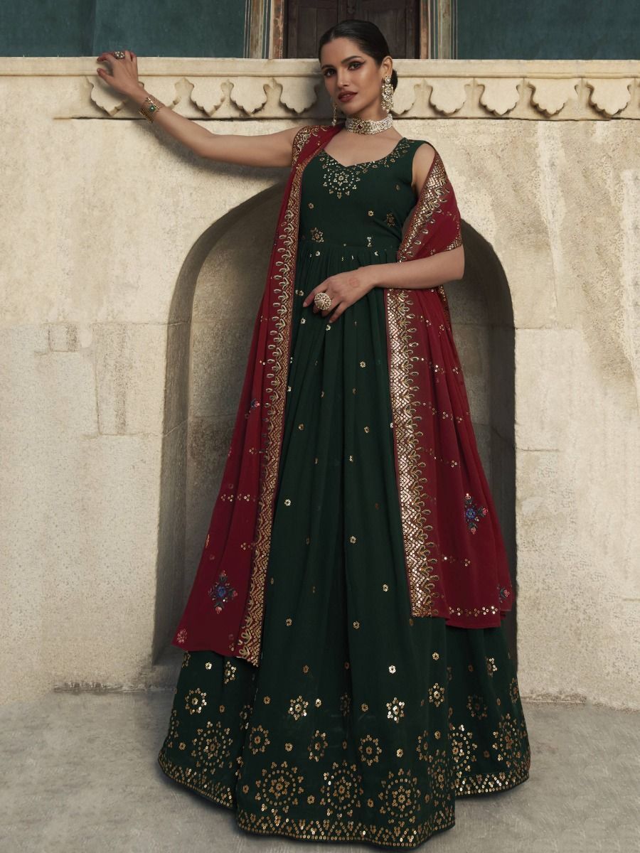 Buy Red And Green Banarasi Silk Dress With Dupatta – Shopzters