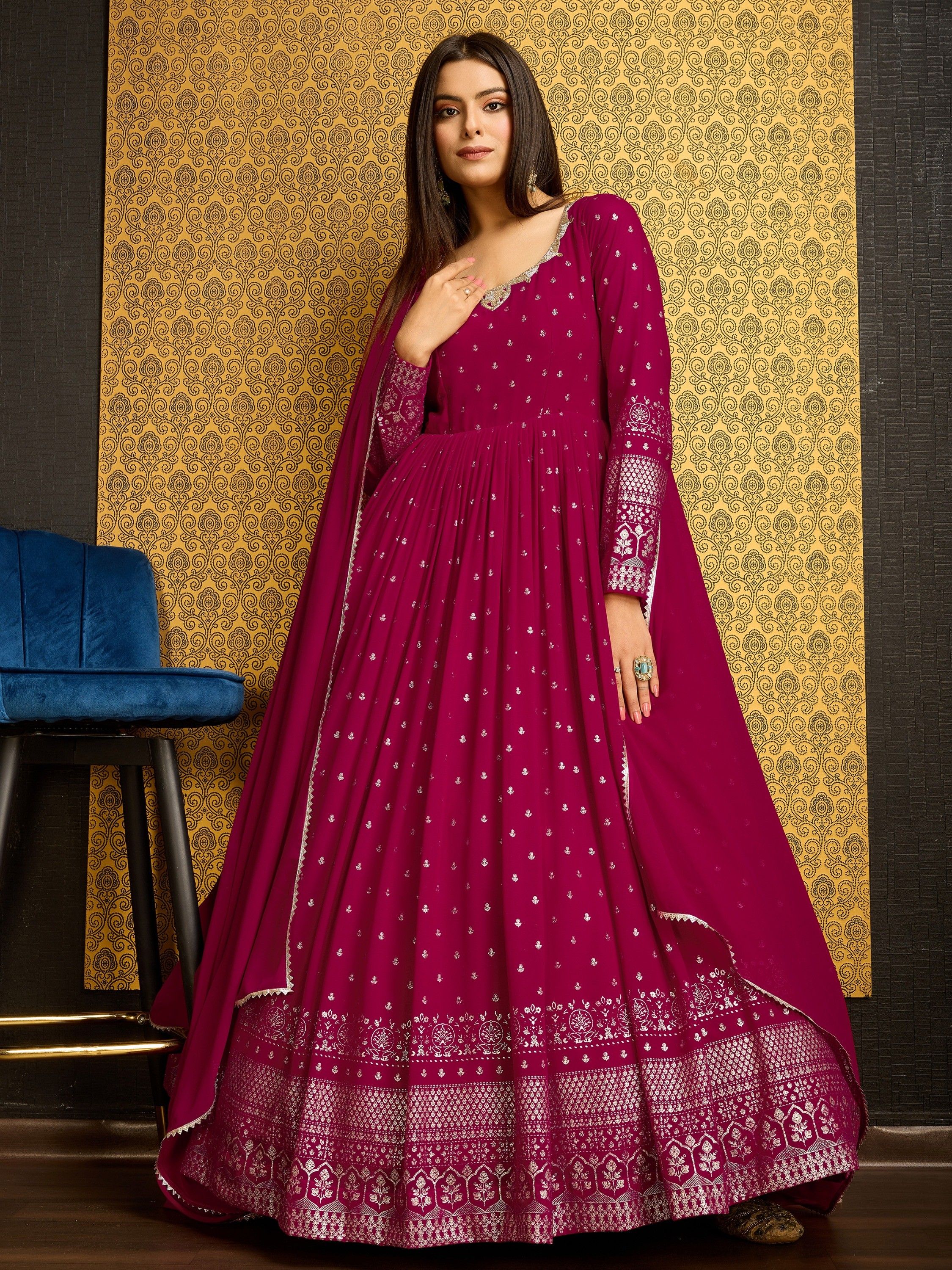 Rani Pink Zari Mirror Work Anarkali Gown Suit - Indian Heavy Anarkali  Lehenga Gowns Sharara Sarees Pakistani Dresses in USA/UK/Canada/UAE -  IndiaBoulevard