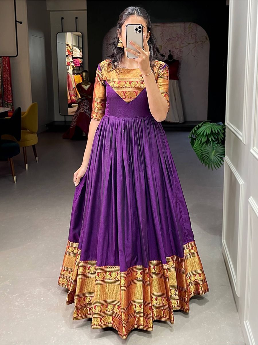 Buy Stunning Purple Zari Woven Cotton Readymade Traditional Gown  Zeel  Clothing