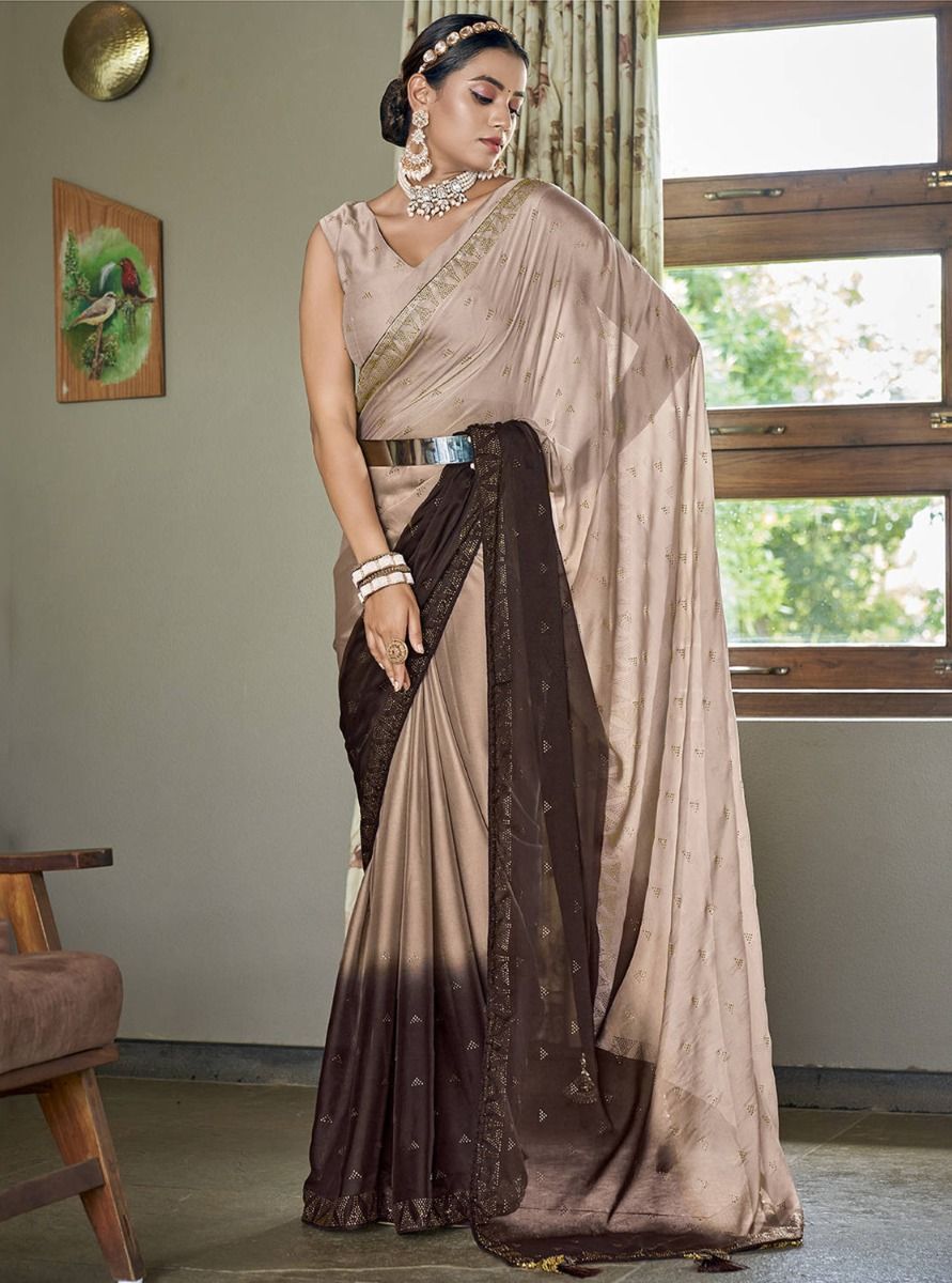 Brown Chiffon ki Saree Party Wear | Silk Bordered Saree Under 2000