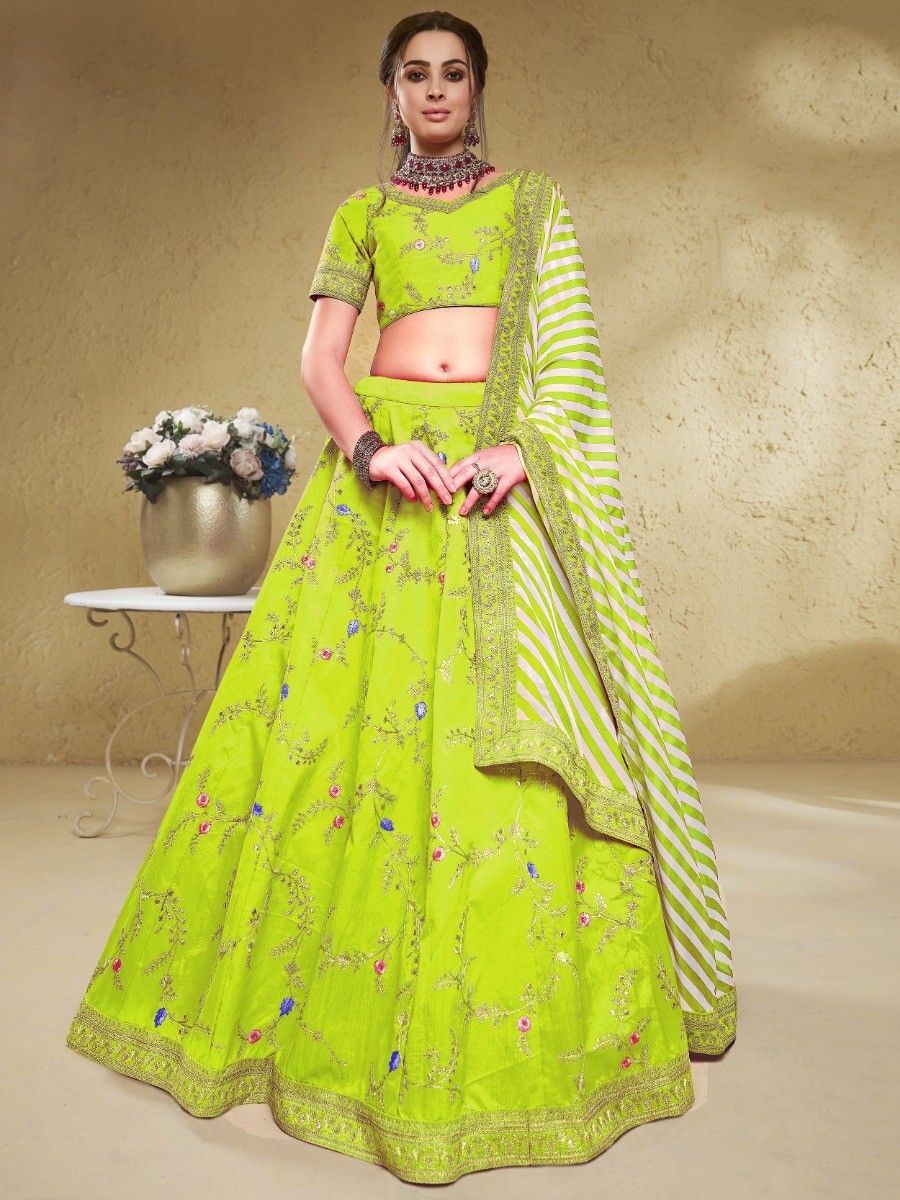 Exclusive Neon Green Color Wedding Wear Lehenga Choli