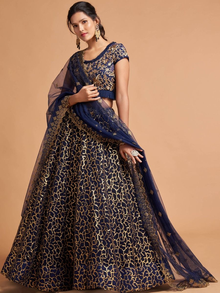 FITCASK® Banarasi Silk Semi Stitched Lehenga Choli :-Navy Blue