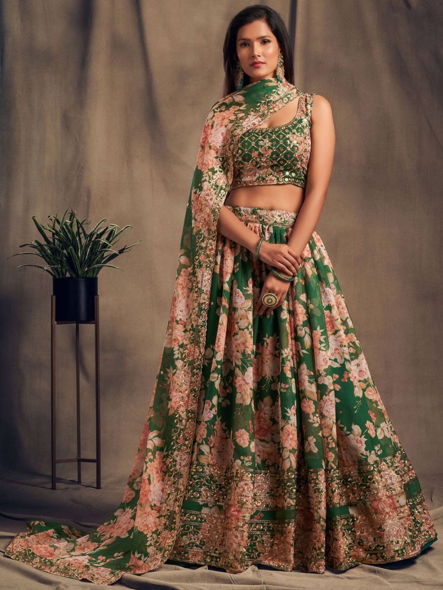 Green Embroidered Pleated Lehenga Set Design by REDPINE DESIGNS at Pernia's  Pop Up Shop 2023
