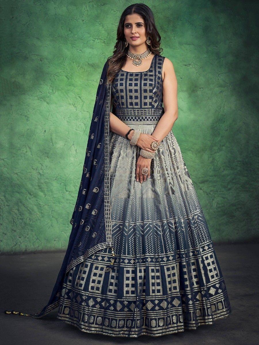 Buy Grey Georgette Embroidered Party Wear Gown With Dupatta Online