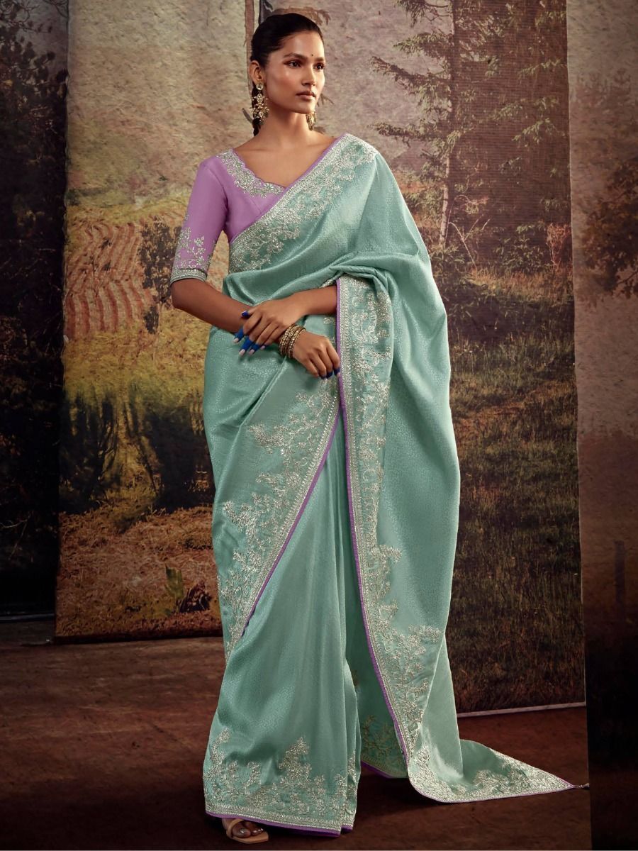 Designer Silk Zari Weaving Work Beige And Sky Blue Saree – tapee.in