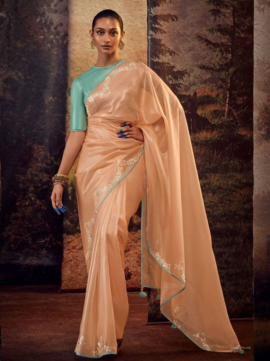 Buy Peach Zari Weaving Silk Saree At Ethnic Plus