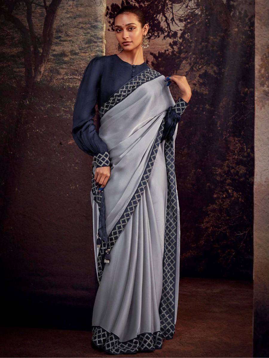 Ombre Grey Saree with Jaal Embroidered Blouse, Grey Embroidered Saree |  Angad Creations