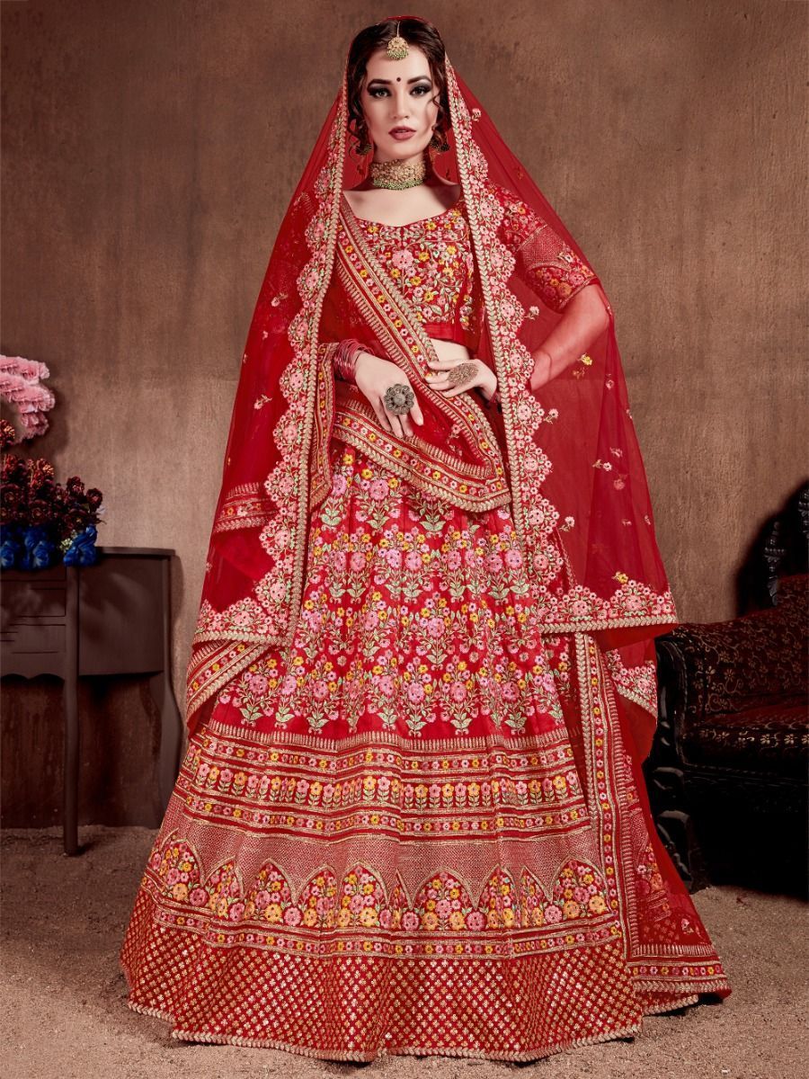 Red Color Sequins And Thread Embroidery Work Malai Satin Bri