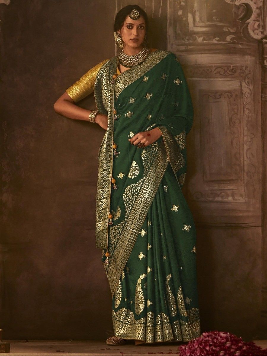 Mehandi Green & Red Kora Banarasi Thread Woven Saree | AL119