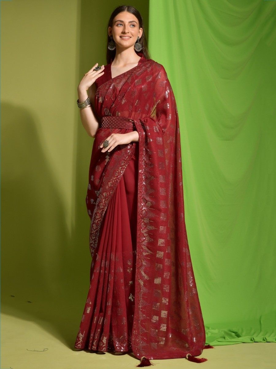 Maroon And Rosepink Fancy Silk And Nylon Tissue Saree