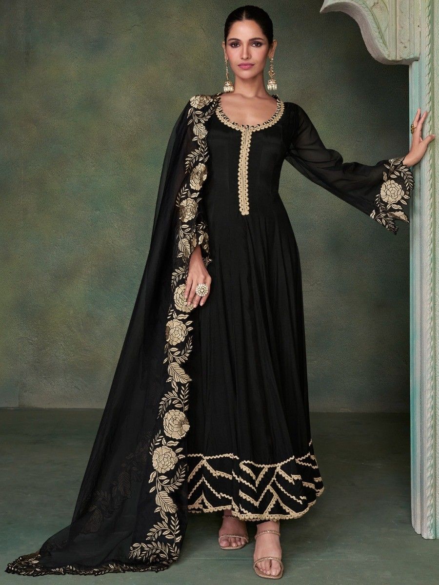 Black Floral Printed Embroidered Gown with Dupatta | Koselly