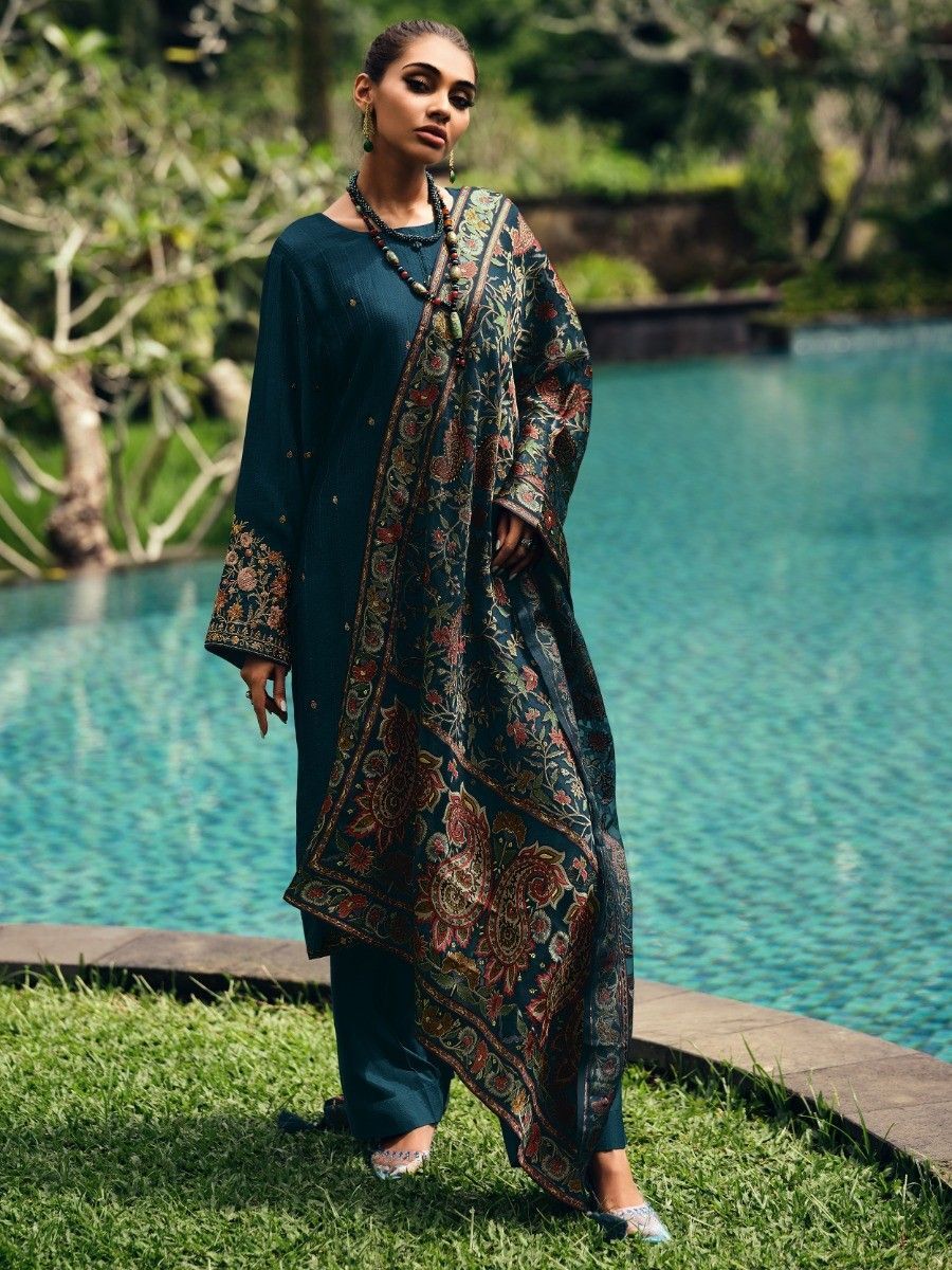 Green Abstract Printed And Embroidered Muslin Suit Set With Palazzo And  Dupatta at Soch