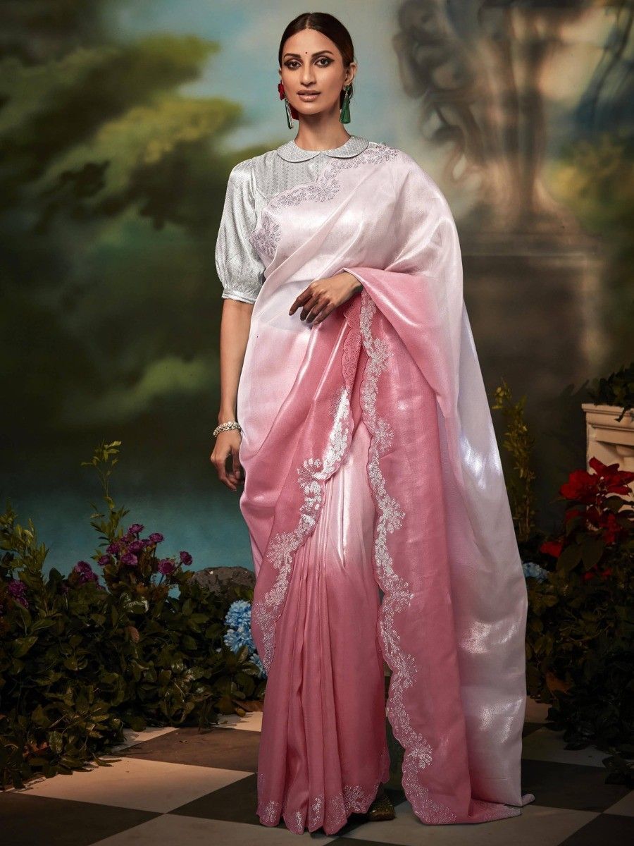 Dusty Pink Embroidered With Stone Work Vichitra Silk Saree