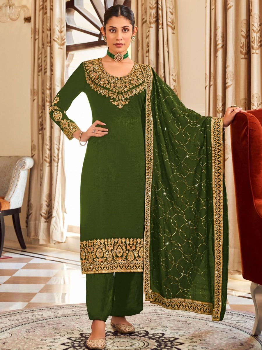 A Unique Piece of Bottle Green Salwar Suit with Red Wine Border -  MiaIndia.com