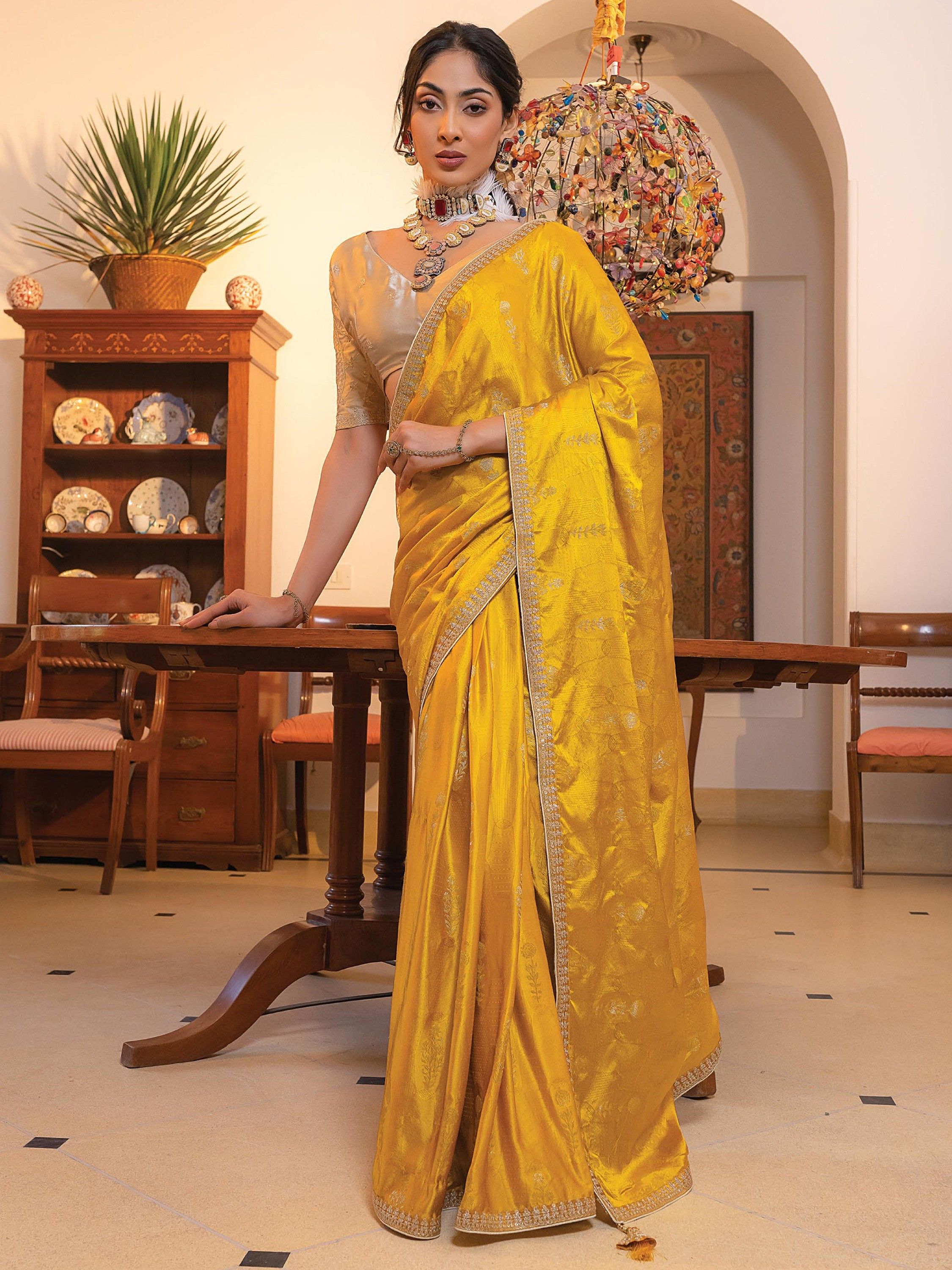 Buy Mustard Yellow Zari Weaving Satin Saree With Blouse Online At Zeel  Clothing