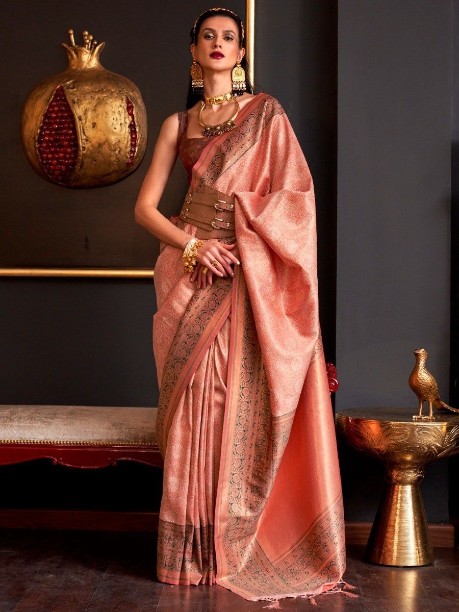 Buy Peach Woven Silk Saree With Blouse Online At Zeel Clothing