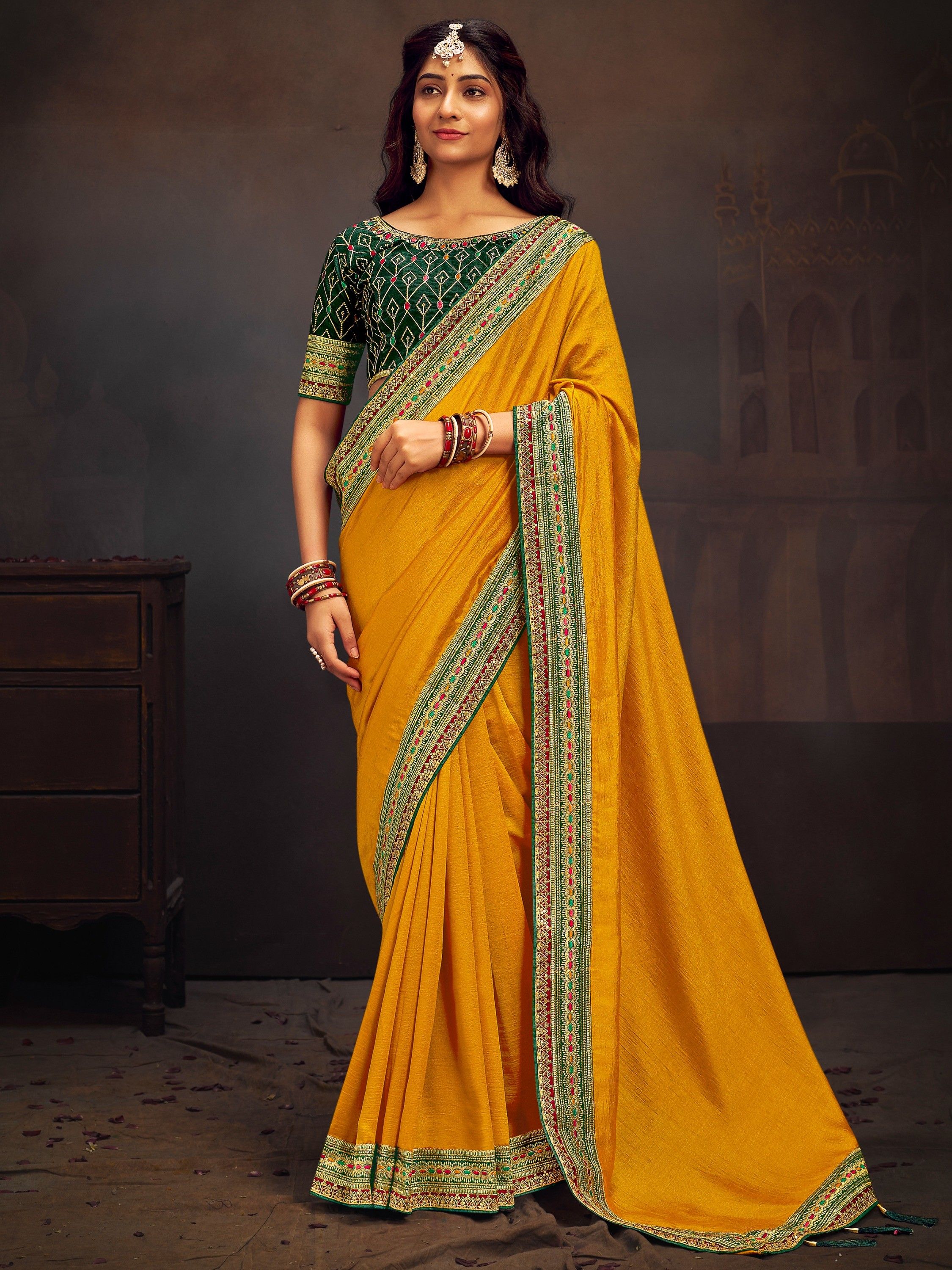 Mustard Golden Georgette Silk Saree With Heavy Embroidered Blouse –  kreationbykj