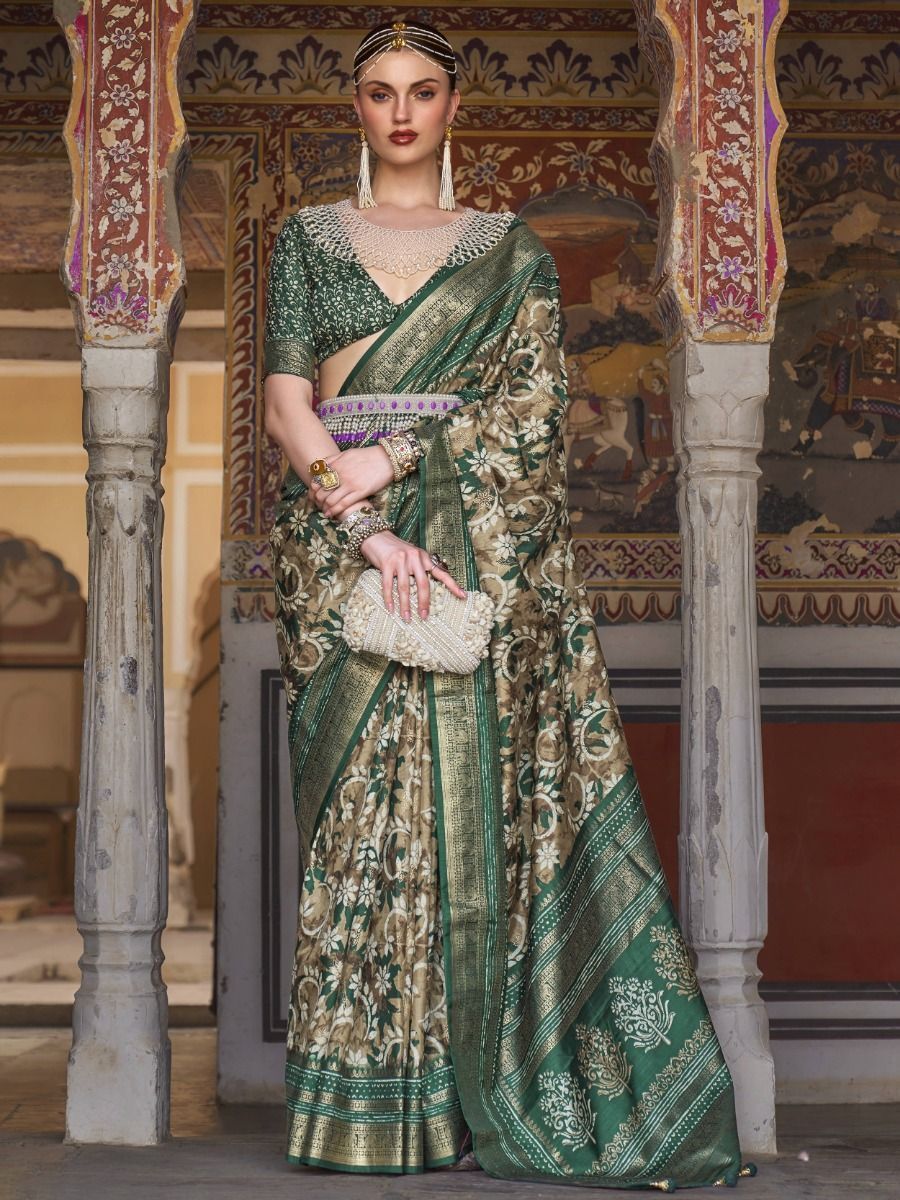 Indian Emerald Green Saree With Silk Unstitched Blouse, Saree