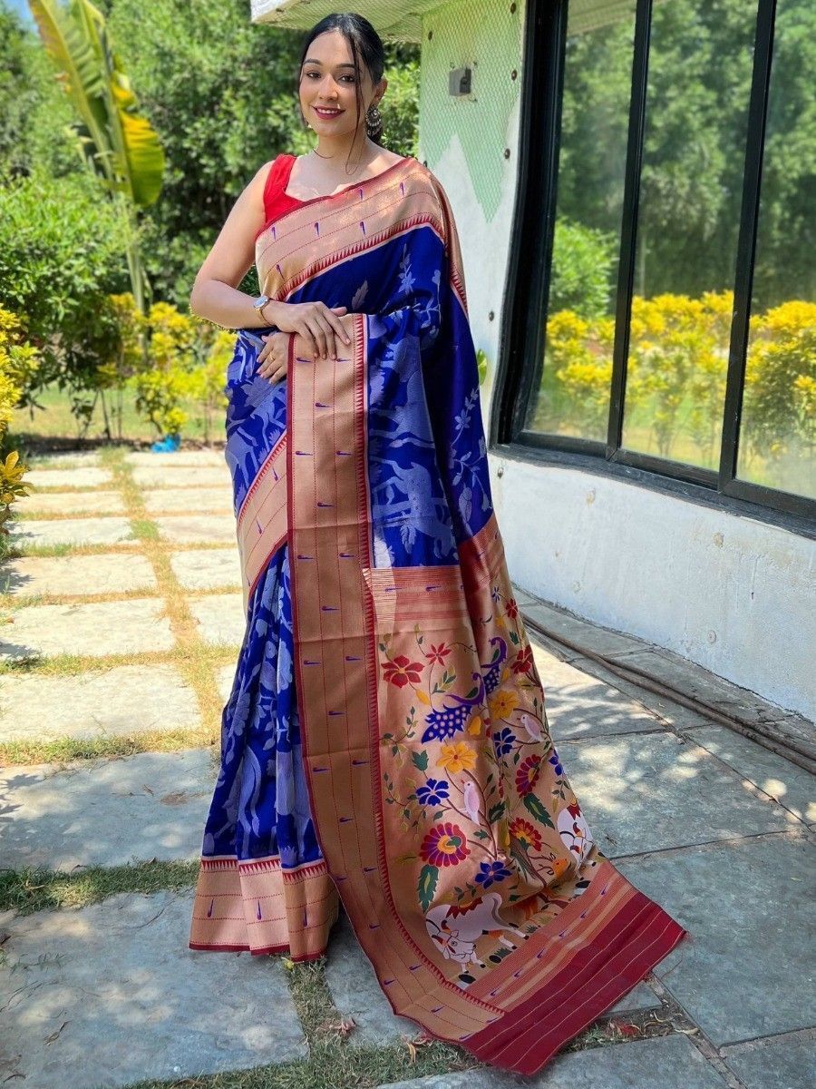 Buy Captivating Blue Woven Paithani Silk Trendy Saree - Zeel Clothing