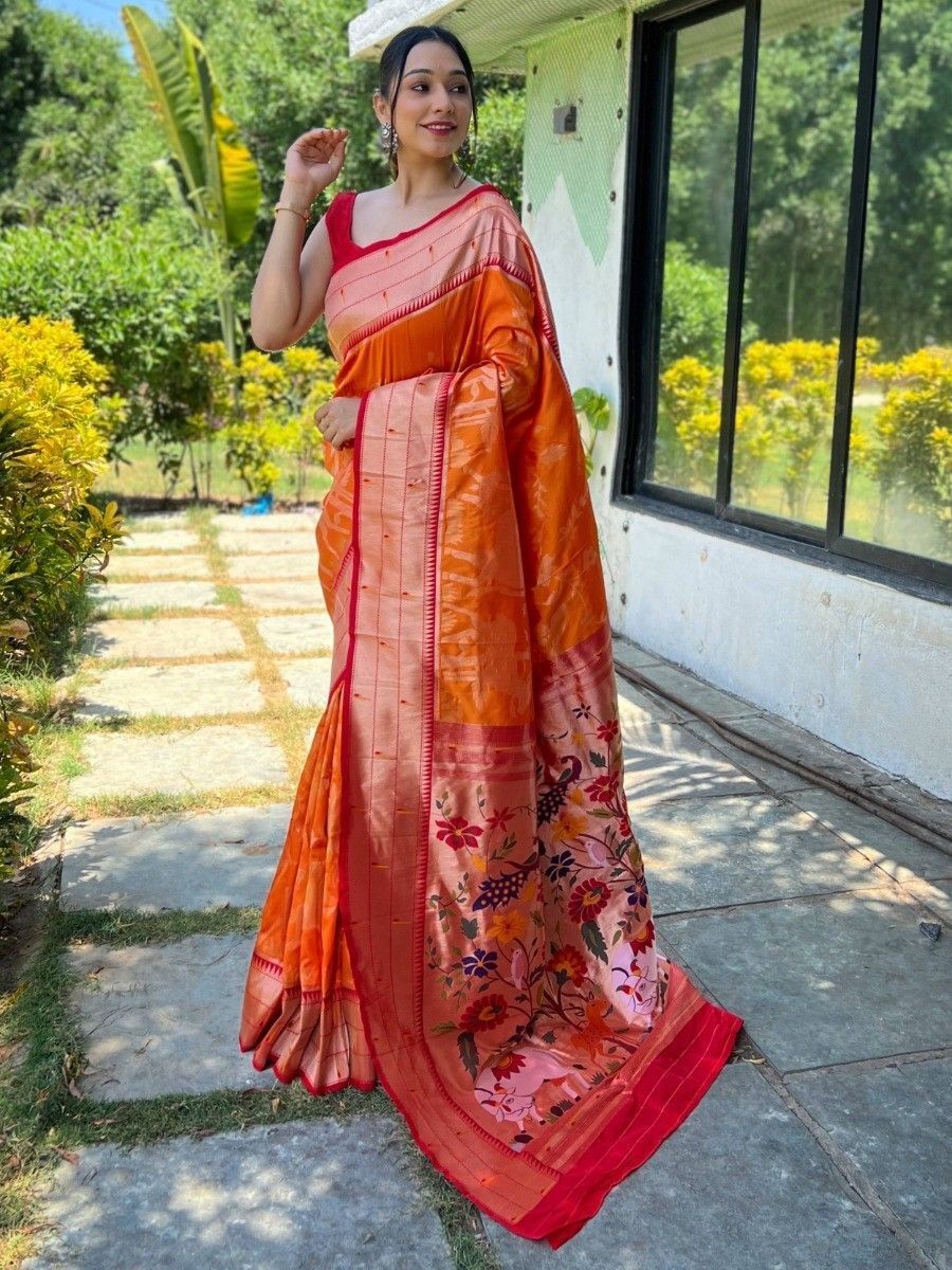 Orange Red Kanjivaram Pattu Silk Saree for Woman With Embossed - Etsy Hong  Kong