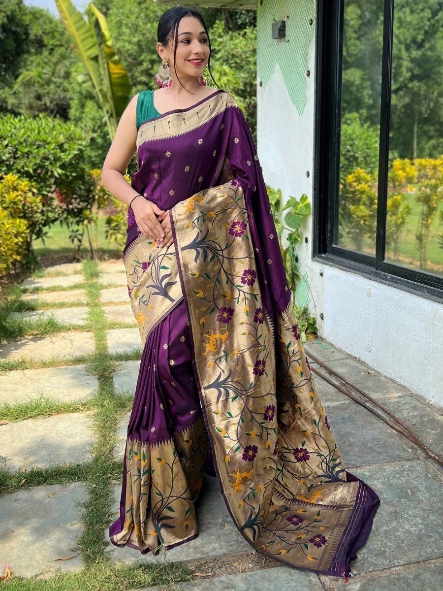 Pure Silk Handloom Yeola Paithani - Traditional Double Pallu - Dark Bl –  verymuchindian.com