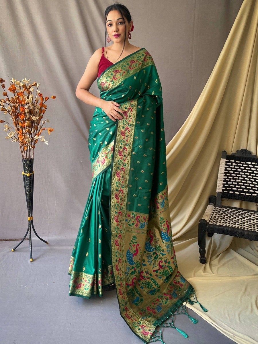 Pure Silk Yeola Handloom Paithani Saree with Double Pallu - Pretty Pin –  verymuchindian.com