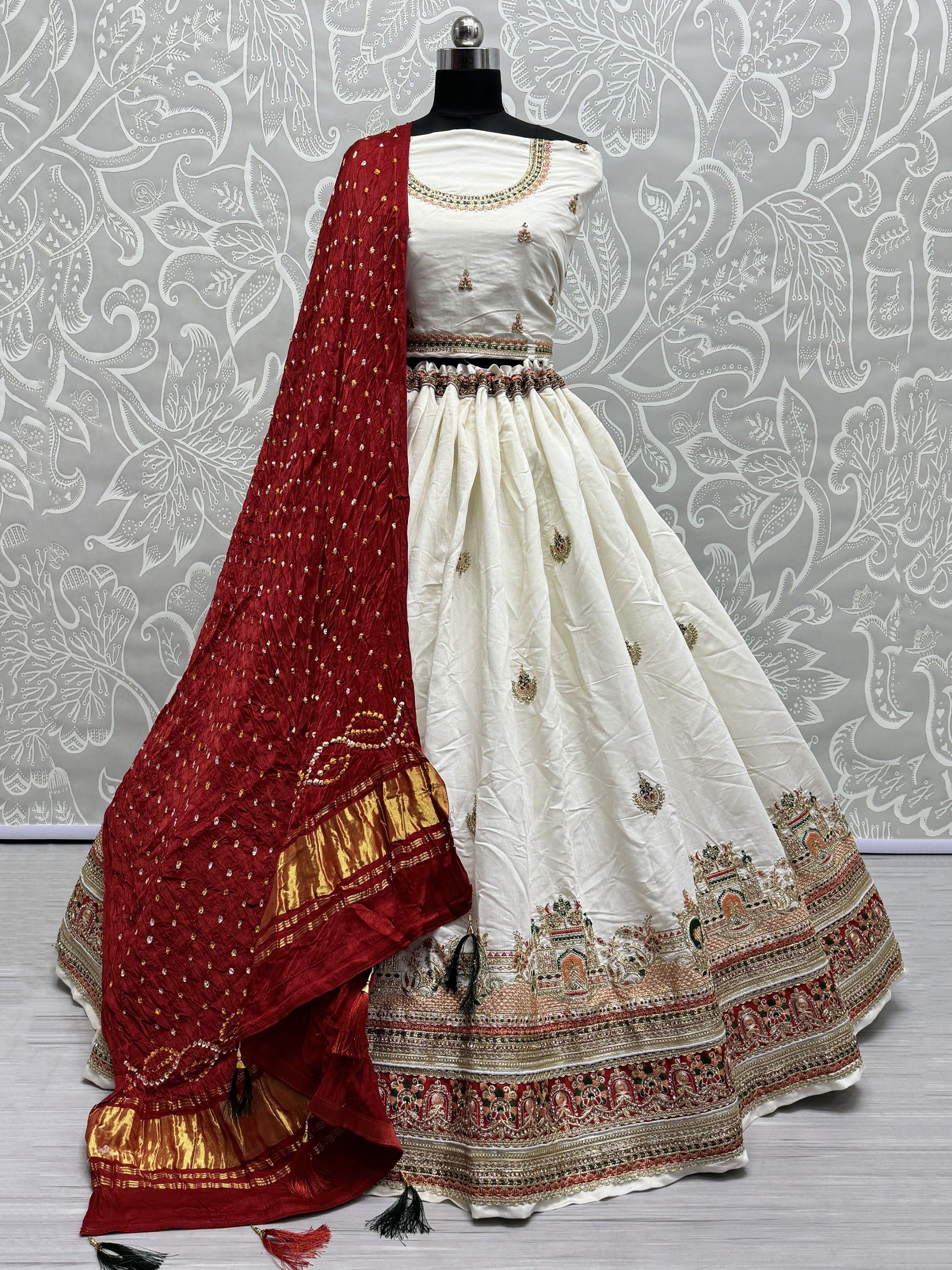 Astonishing White Thread-Work Silk Lehenga Choli With Dupatta
