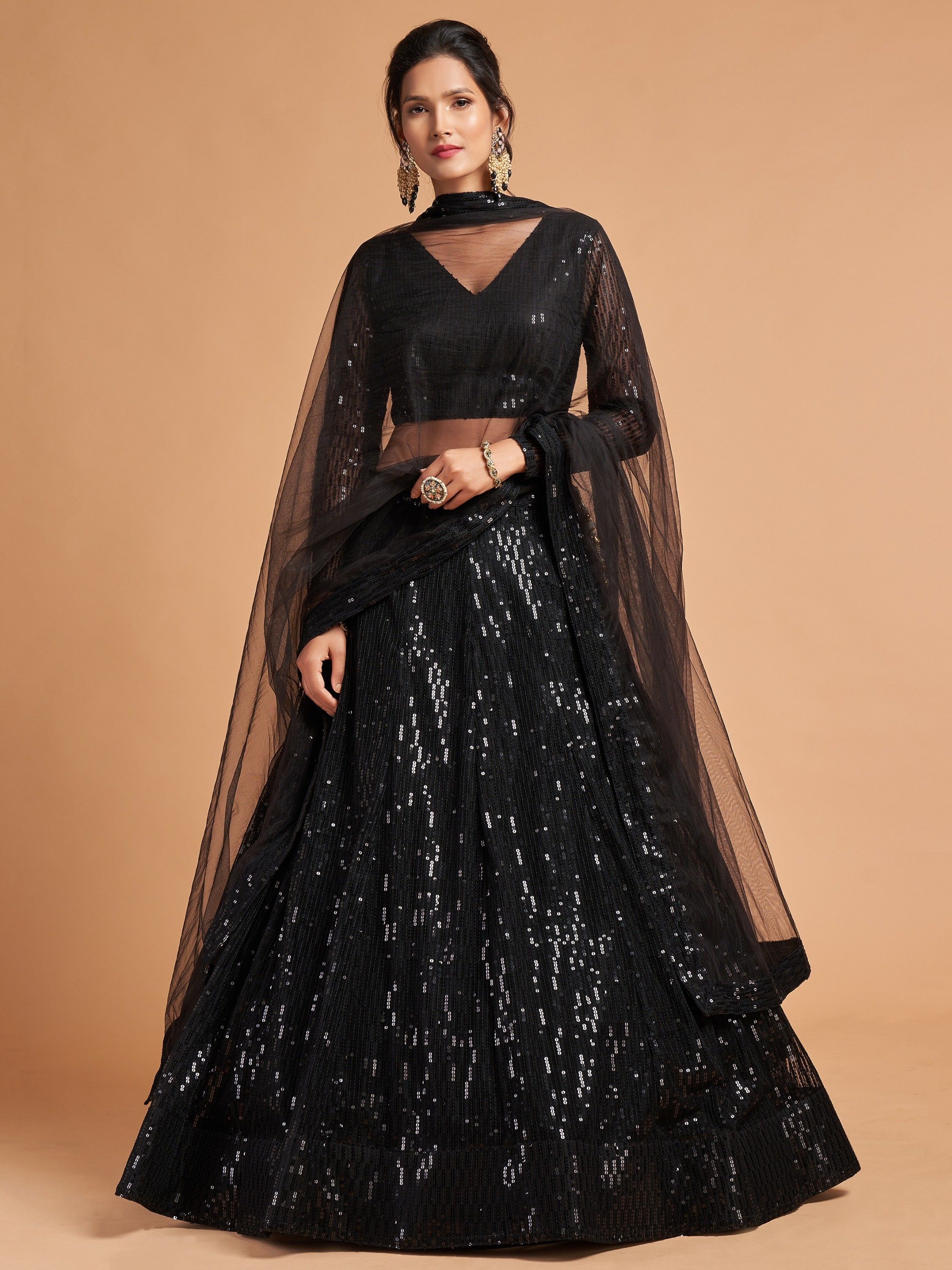 Buy Marvelous Black Sequins Embroidered Net Party Wear Lehenga
