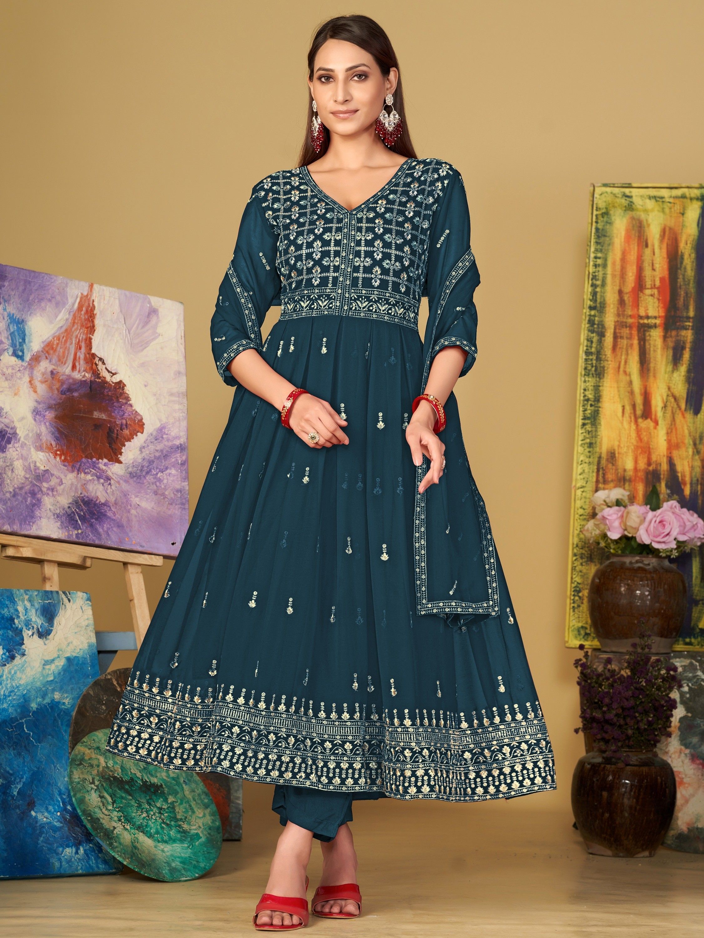 Splendid Teal Blue Embroidered Georgette Sangeet Wear Anarkali Suit