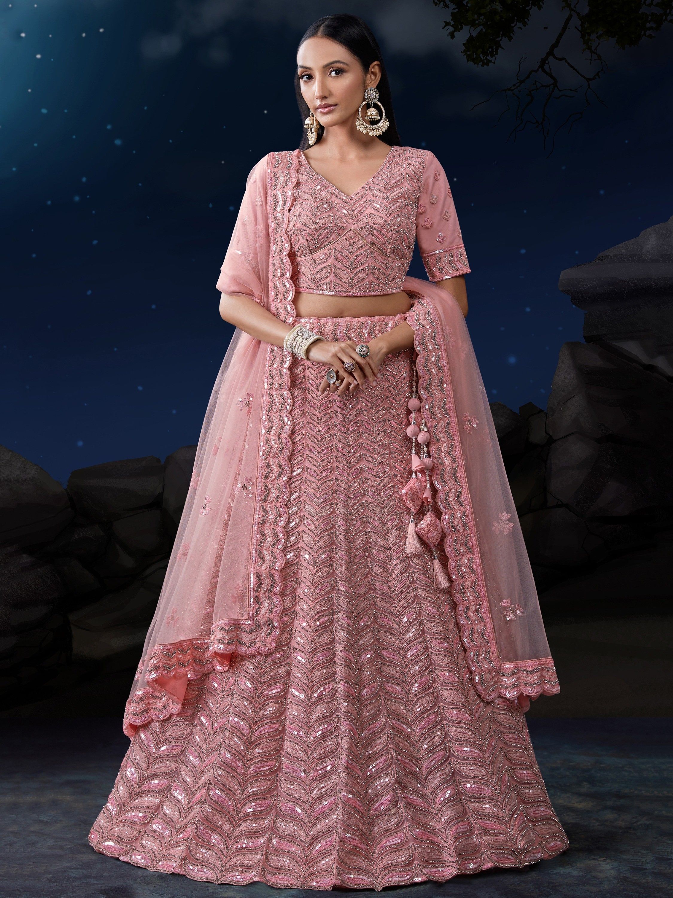 Gorgeous Pink Dori Work Net Reception Wear Lehenga Choli With Dupatta