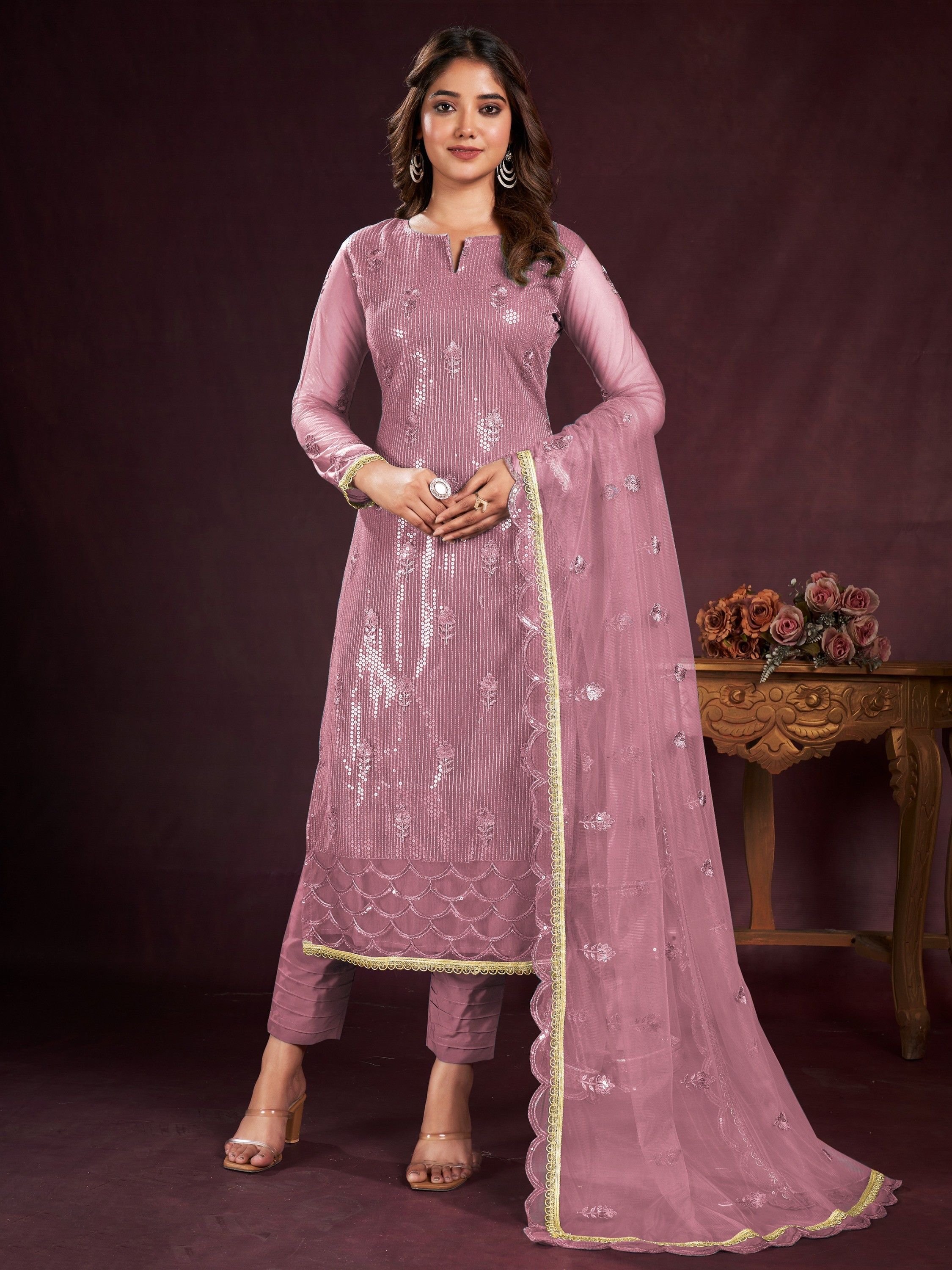 Lovely Dusty Pink Sequins Net Party Wear Salwar Kameez With Dupatta