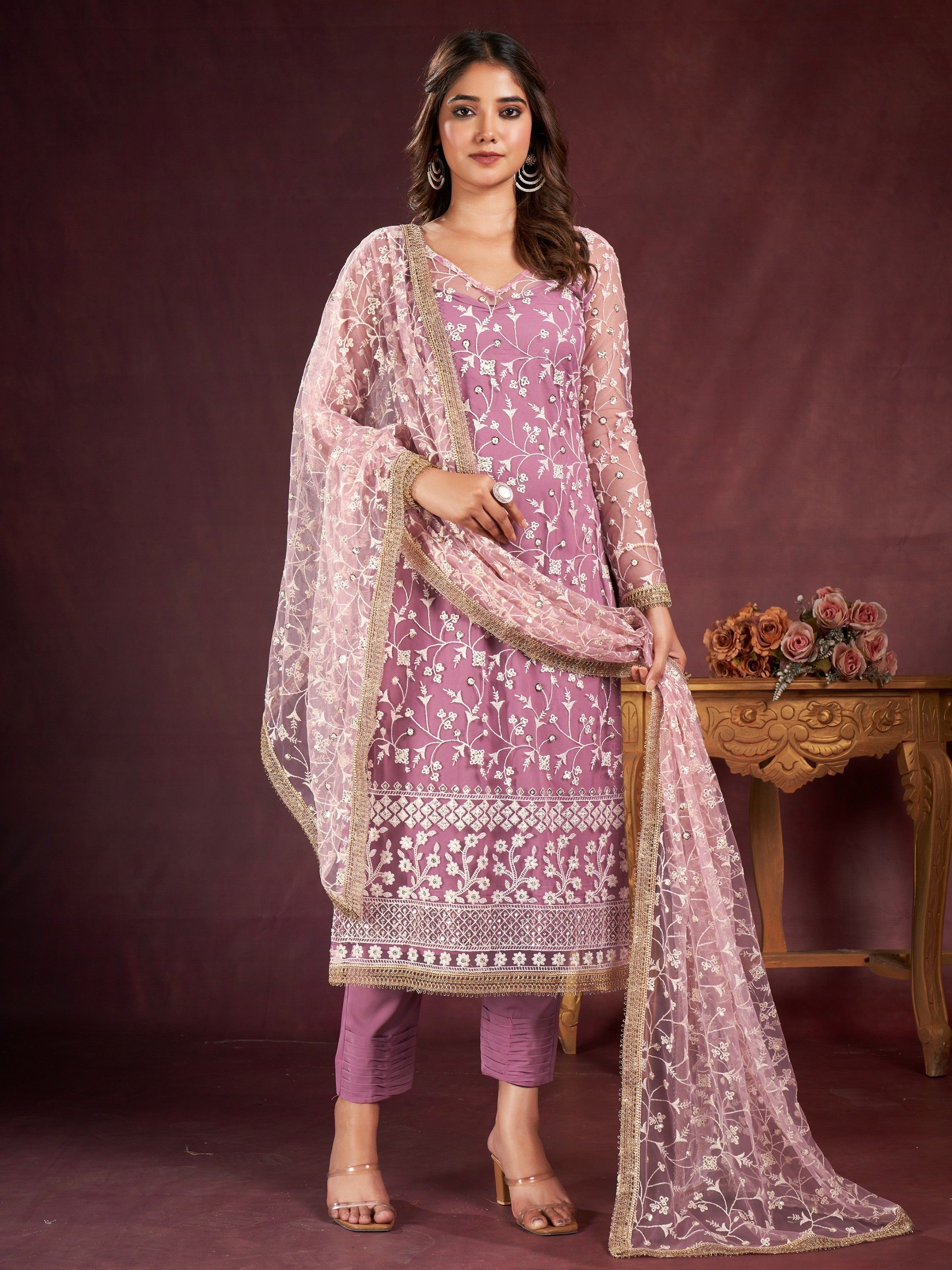 Stunning Pink Embroidered Net Festive Wear Pant Suit With Dupatta