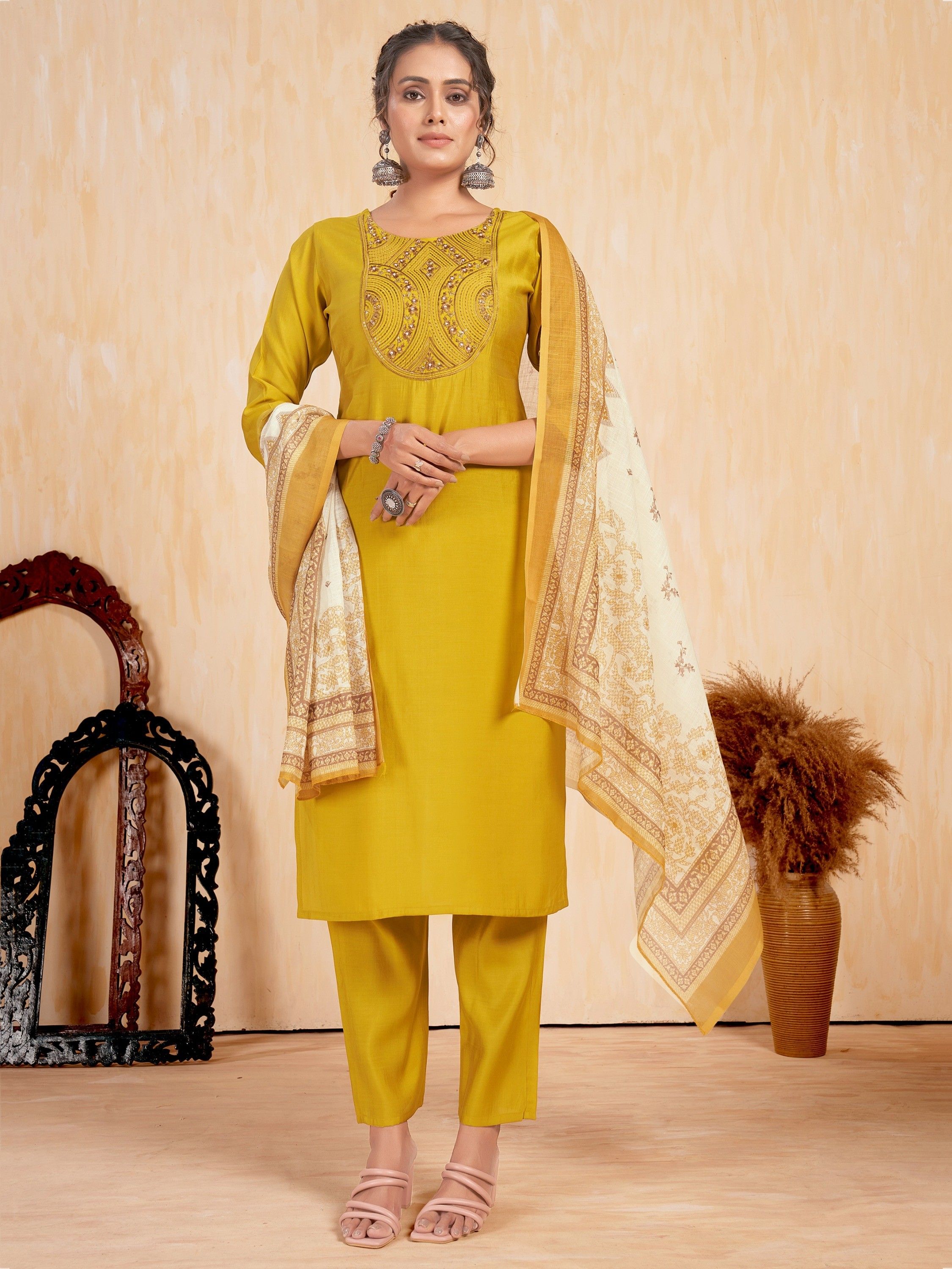 Dazzling Yellow Embroidered Silk Festival Wear Pant Suit