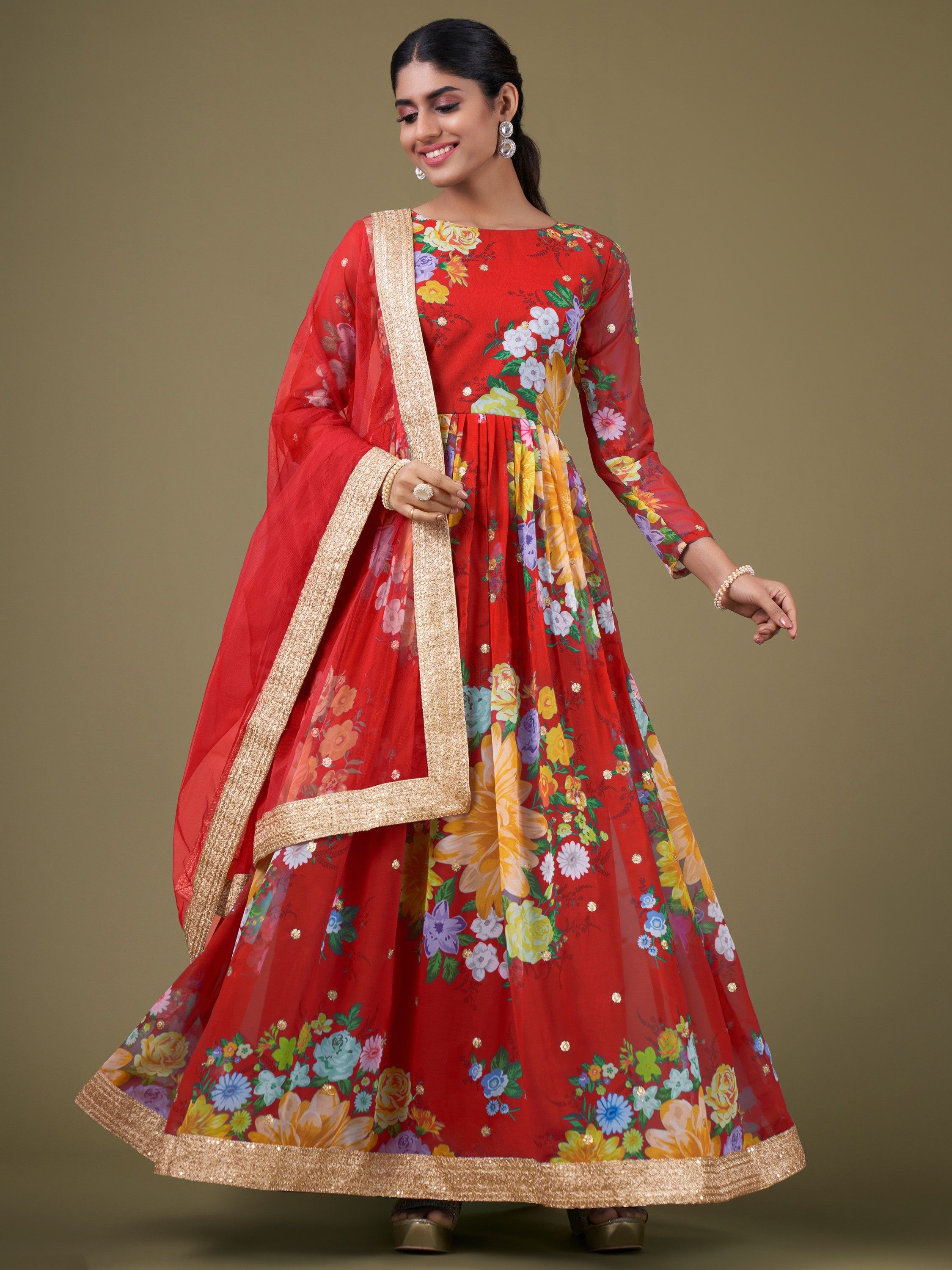 Captivating Red Floral Printed Georgette Gown With Dupatta