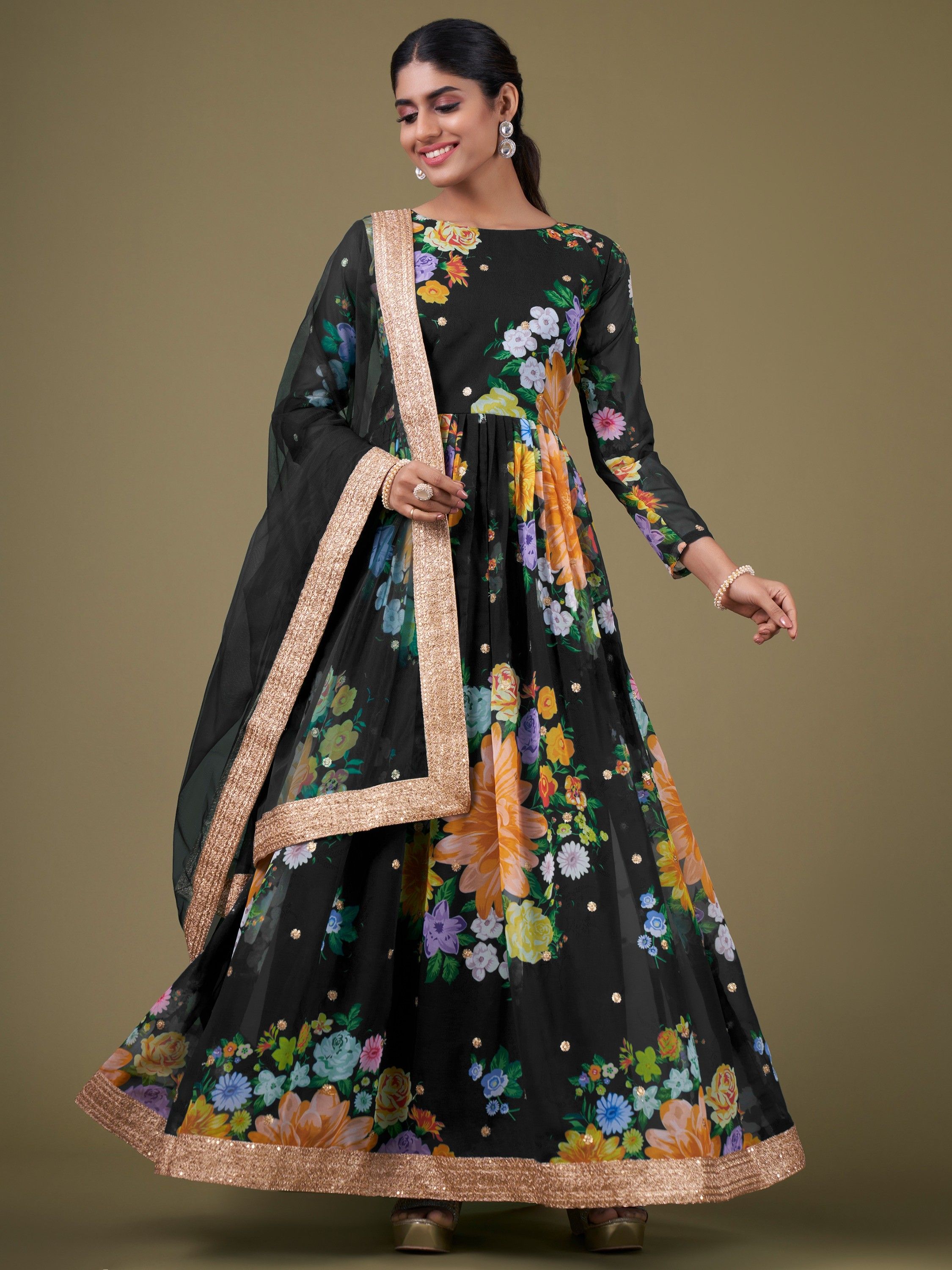 Attractive Black Floral Printed Georgette Gown With Dupatta