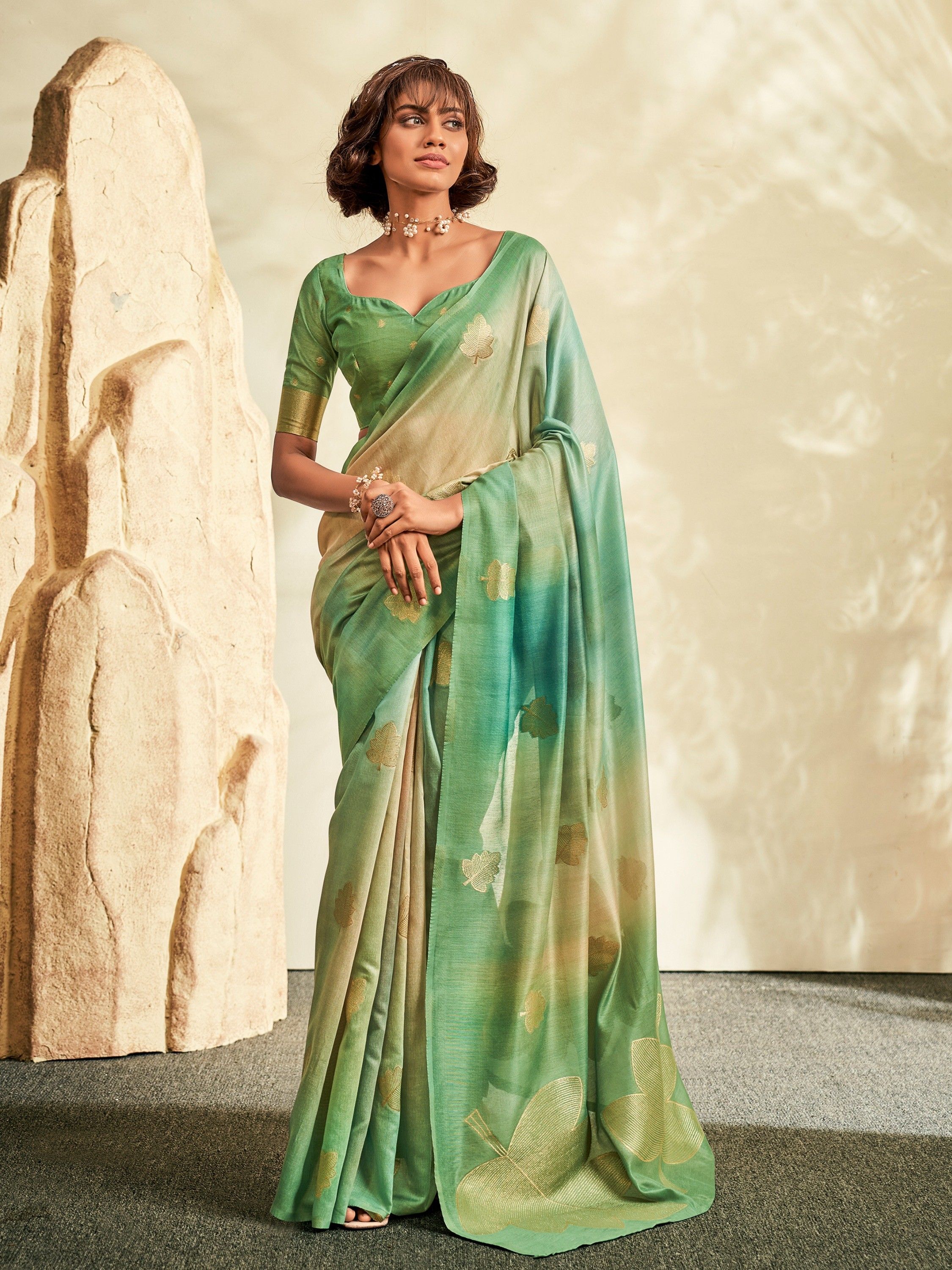 Engaging Green Thread Work Silk Traditional Saree With Blouse