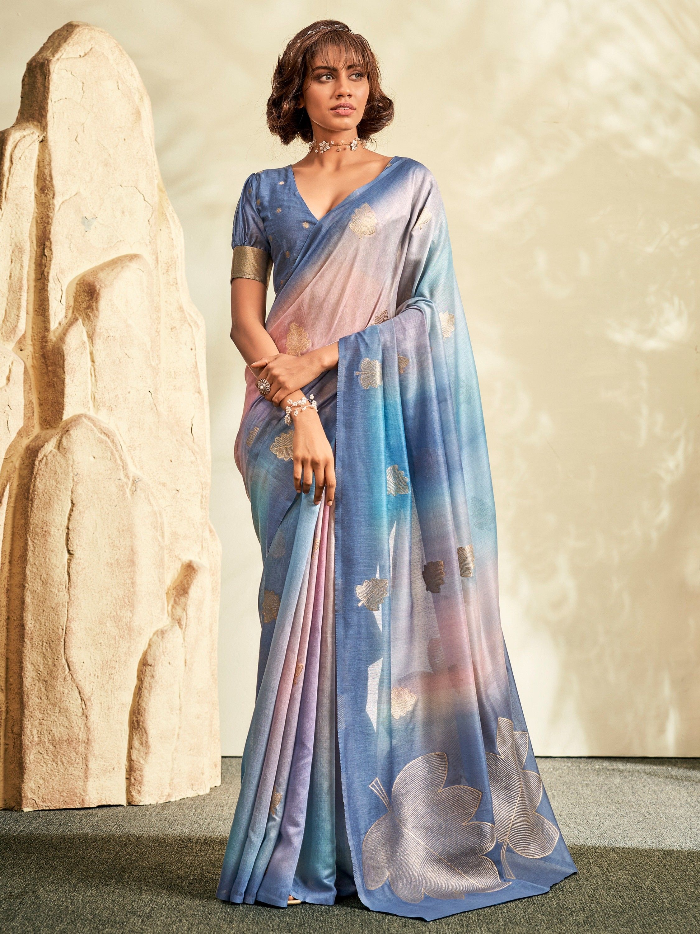 Pretty Blue Thread Work Silk Saree Sangeet Wear With Blouse
