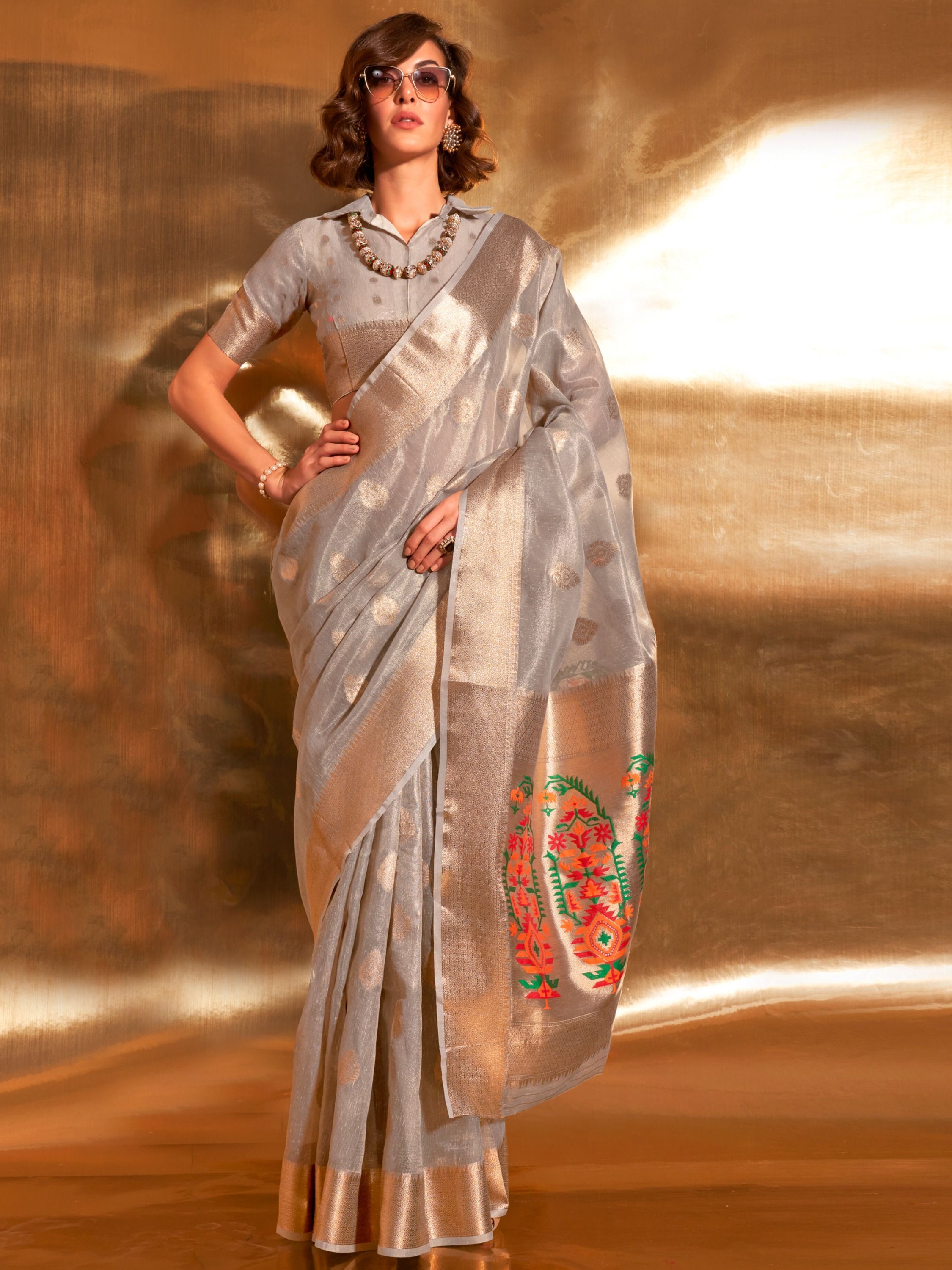 Fetching Grey Handwoven Tissue Silk Wedding Wear Saree