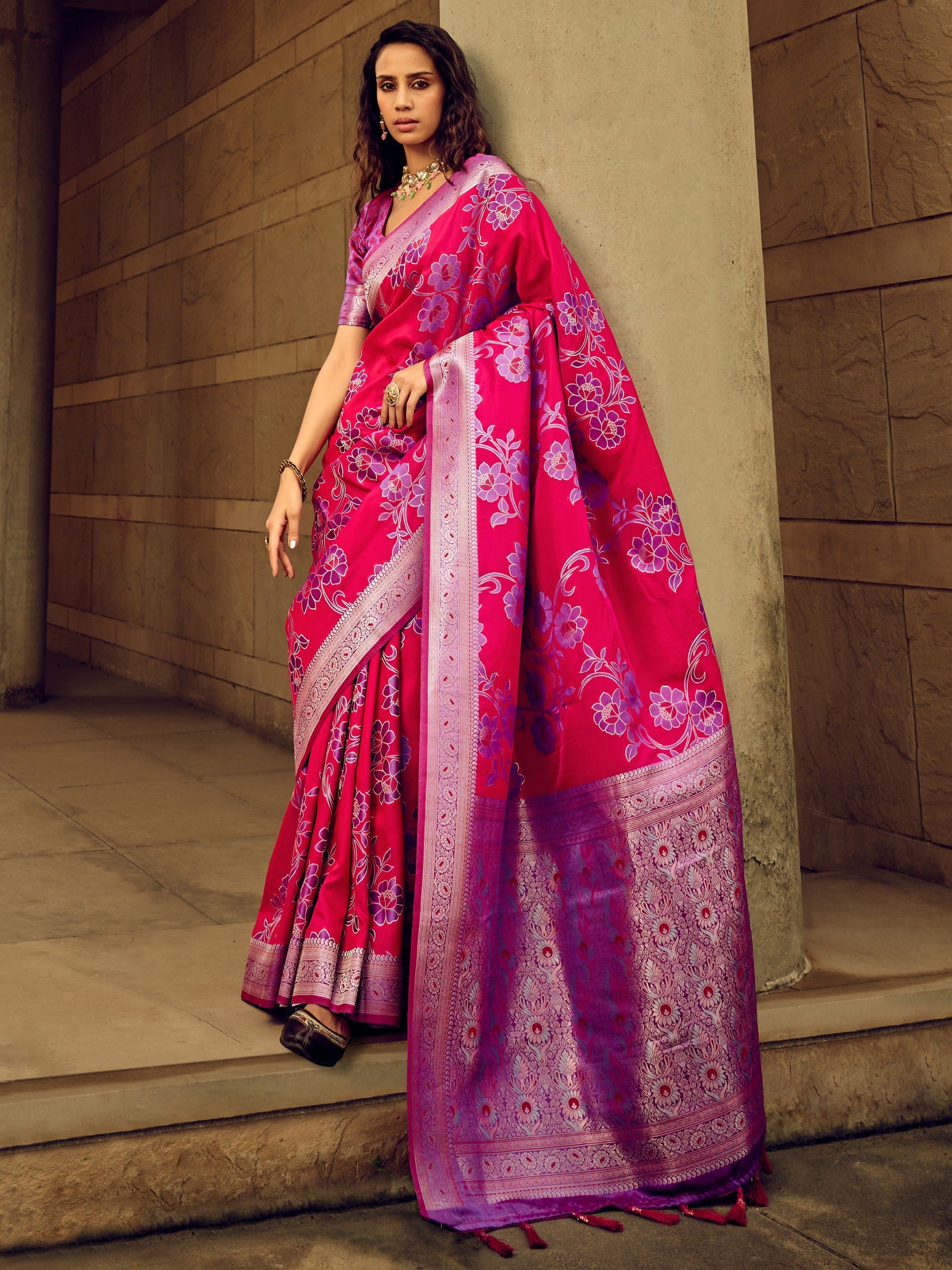 Glorious Dark Pink Thread Weaving Satin Saree With Blouse